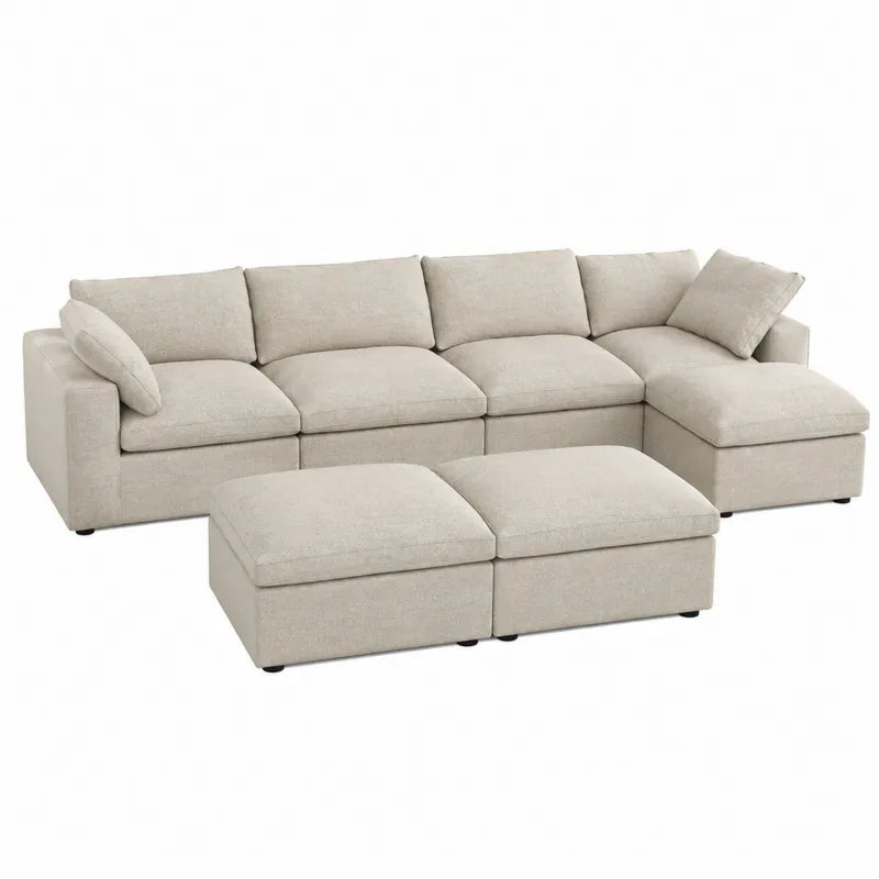 Sofa narożna modułowa z otomanią i pufami, beżowy poliester, 300x150x85 cm