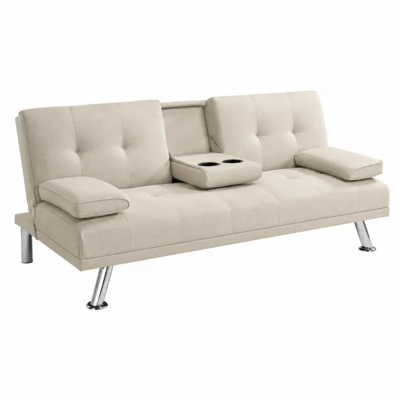 Beżowa sofa rozkładana z funkcją łóżka i uchwytami na kubki
