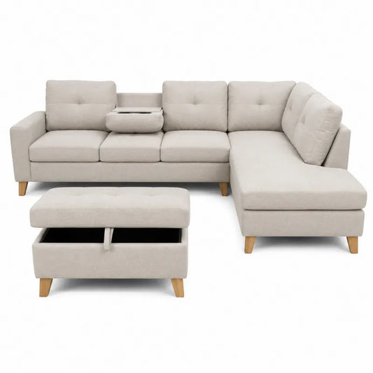 Beżowa sofa modułowa z pufą tkanina drewno jesion 230cm