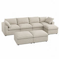 Sofa narożna modułowa z otomanią i pufami, beżowy poliester, 300x150x85 cm