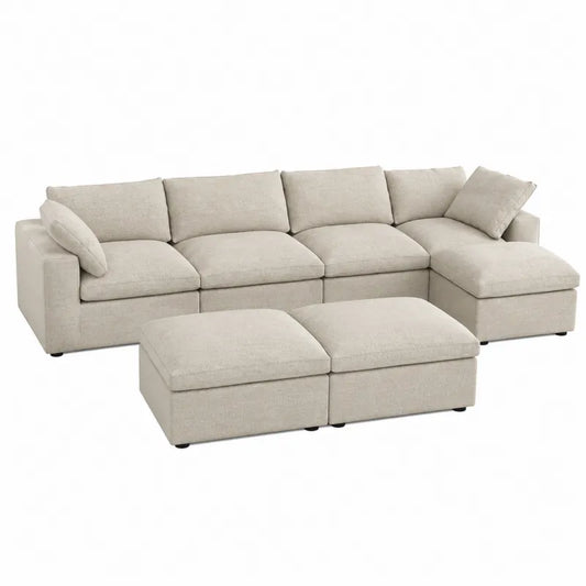 Sofa narożna modułowa z otomanią i pufami, beżowy poliester, 300x150x85 cm