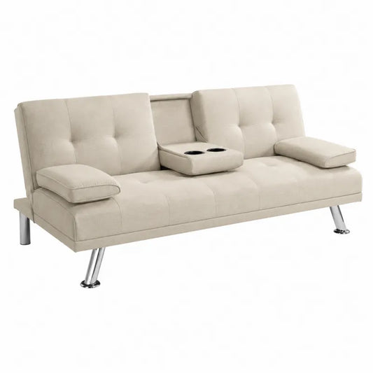 Beżowa sofa rozkładana z funkcją łóżka i uchwytami na kubki