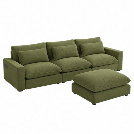 Zielona modułowa sofa z podnóżkiem z tkaniny