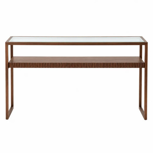 Konsola drewniana z metalową ramą i szkłem hartowanym 120cm x 35cm x 80cm