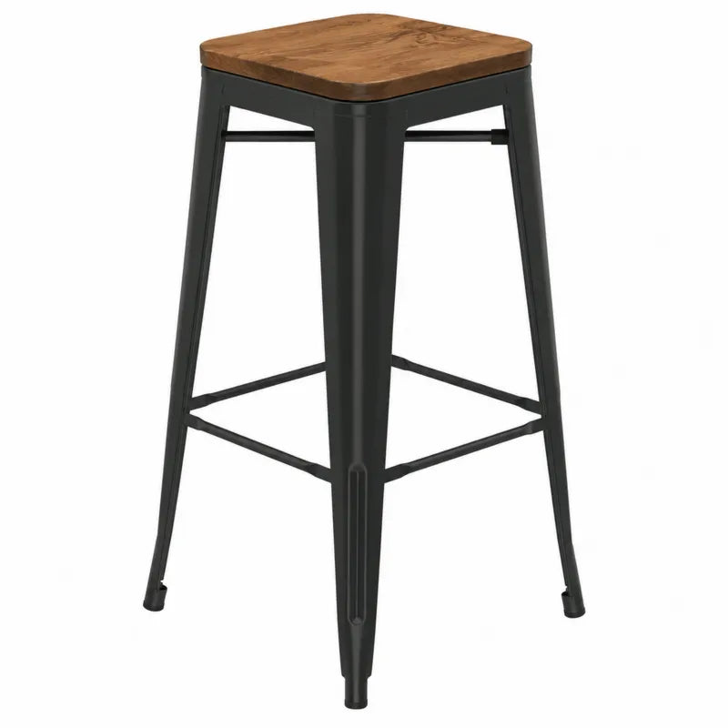 Stołek barowy metalowy z drewnianym siedziskiem czarny 76cm