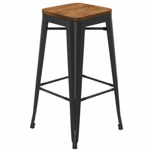 Stołek barowy metalowy z drewnianym siedziskiem czarny 76cm